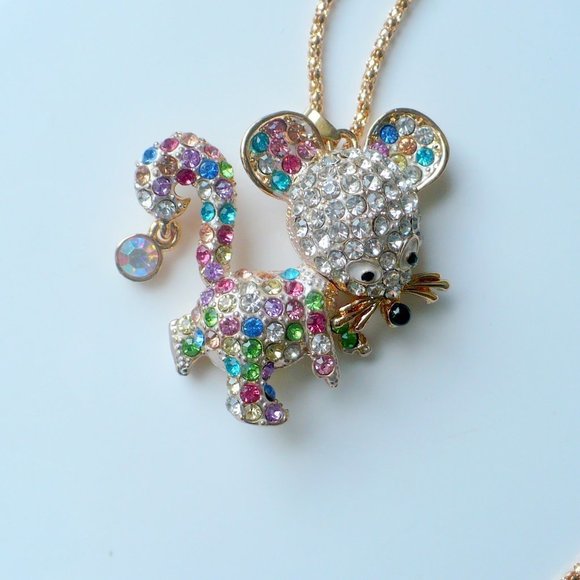 ❤️ NEW Multi-Color Rhinestone Mouse Pendant Necklace 24" Chain - Picture 1 of 8